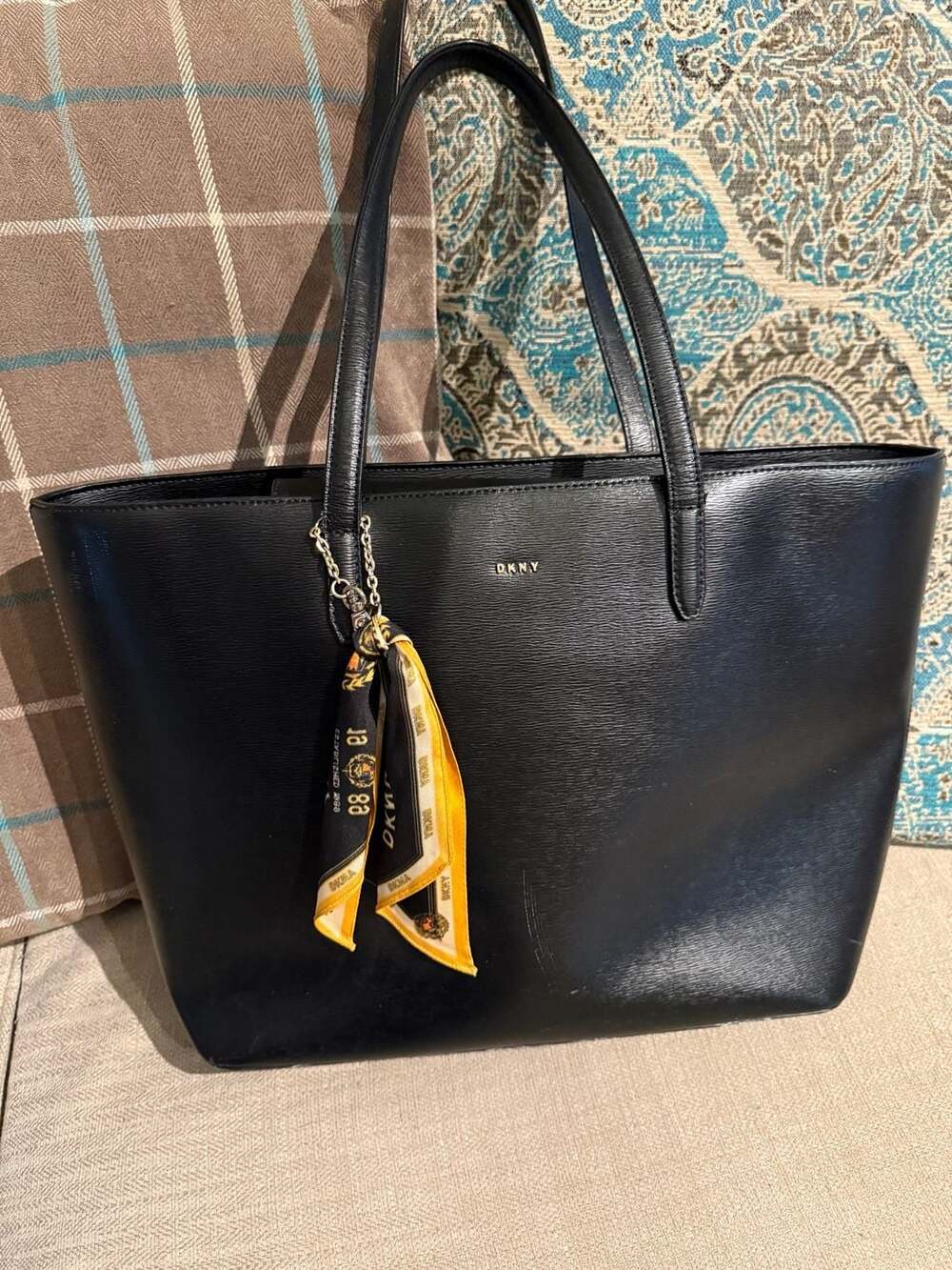 DKNY Black Faux Leather Tote Bag with Scarf Charm and Compartment Divider